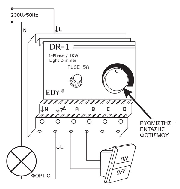 Edy DR-1 Ρυθμιστής Φωτισμού Dimmer Ράγας 230V Εως 1000W - Image 2